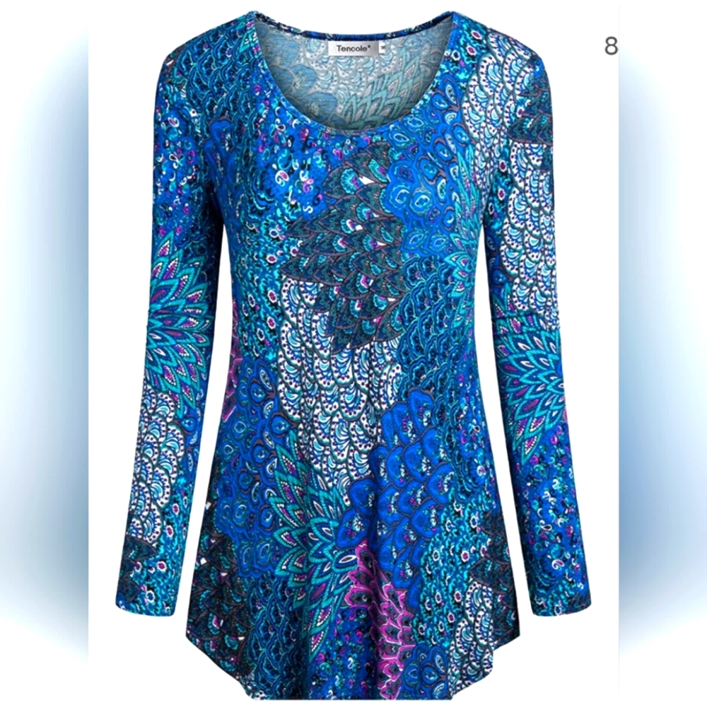 Tencole EUC Women's Vibrant Tunic, XL, Blue Green and Raspberry Peacock Pattern